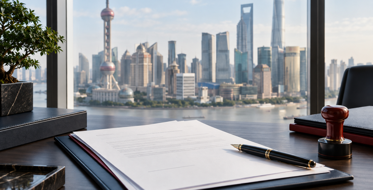 Company formation documents and pen overlooking Shanghai skyline